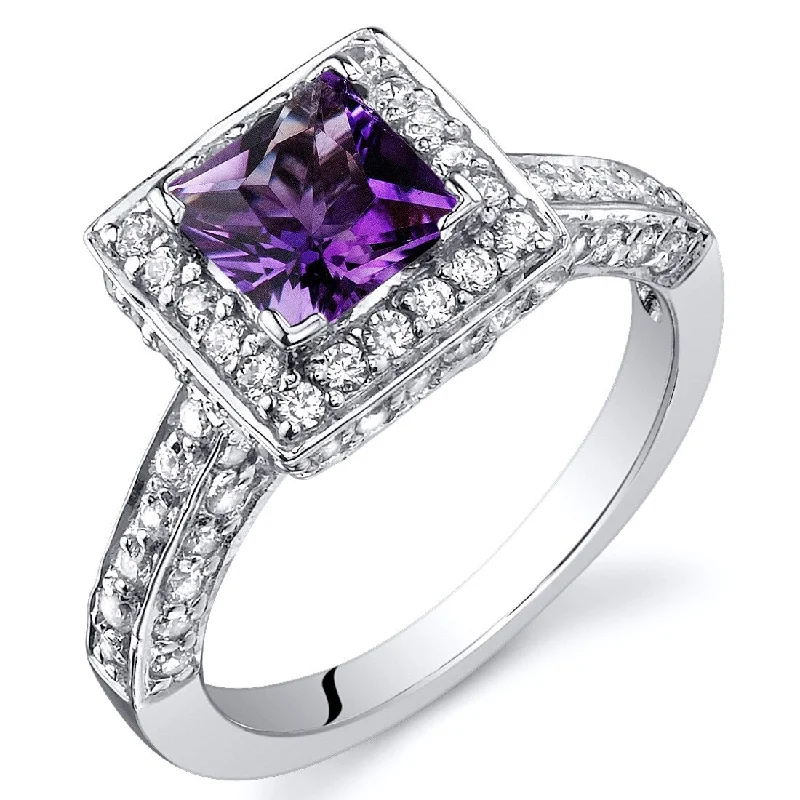 wedding rings with multiple stones -Sterling Silver 0.75 ct Amethyst Halo Ring