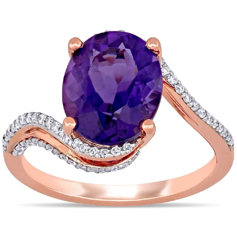 personalized wedding rings -Miadora 14k Rose Gold Oval-Cut African-Amethyst and 1/3ct TDW Diamond Bypass Cocktail Ring