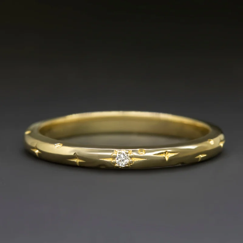 wedding rings for couples -VINTAGE STYLE DIAMOND WEDDING BAND STACKING RING STARBURST 14k YELLOW GOLD 2.2mm