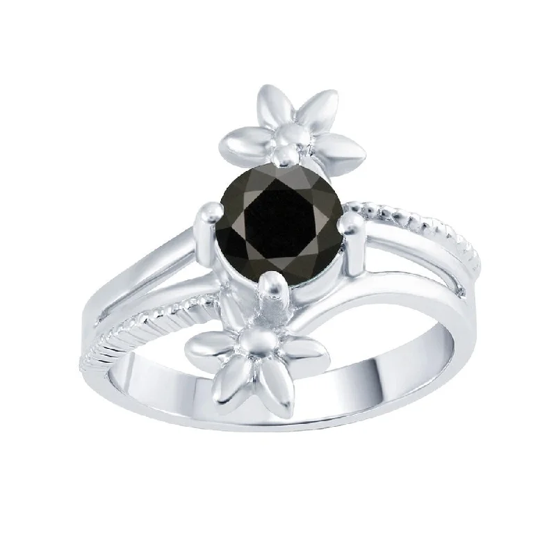 silver rings for women -Sterling Silver with Genuine Black Diamond Solitaire Flower Ring