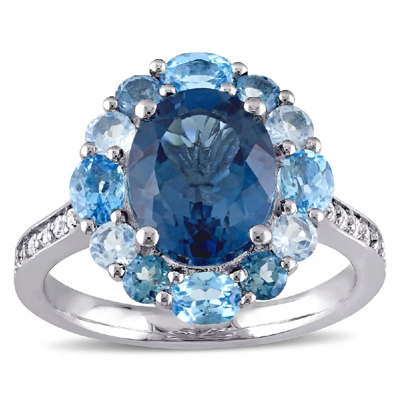 fashion rings for women -Miadora Sterling Silver Oval-cut Blue and White Topaz Halo Cocktail Ring