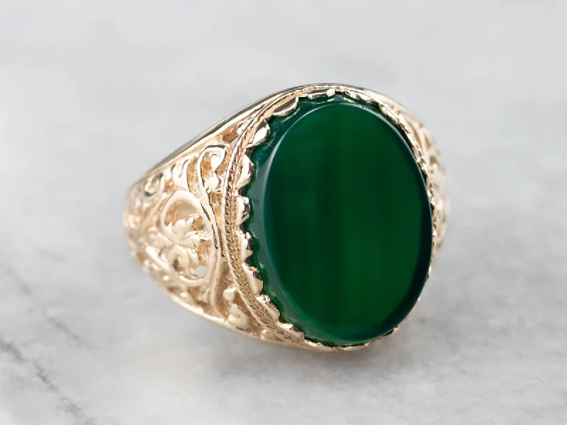 double band rings for women -Bold Green Onyx and Gold Ring