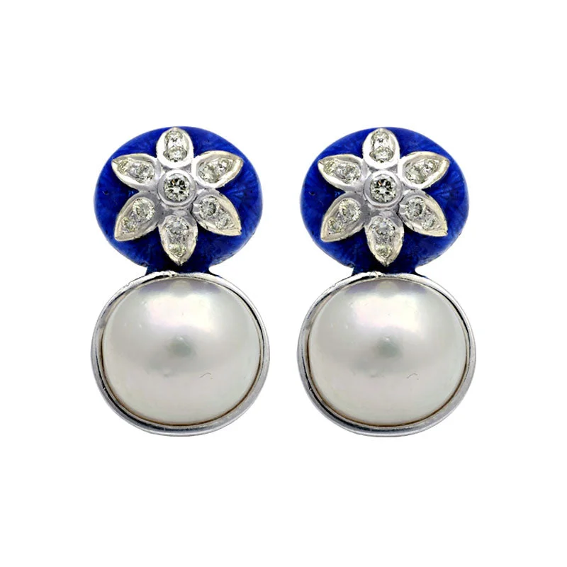 sapphire earrings for women -Earrings-Diamond and South Sea Pearl (Enamel)