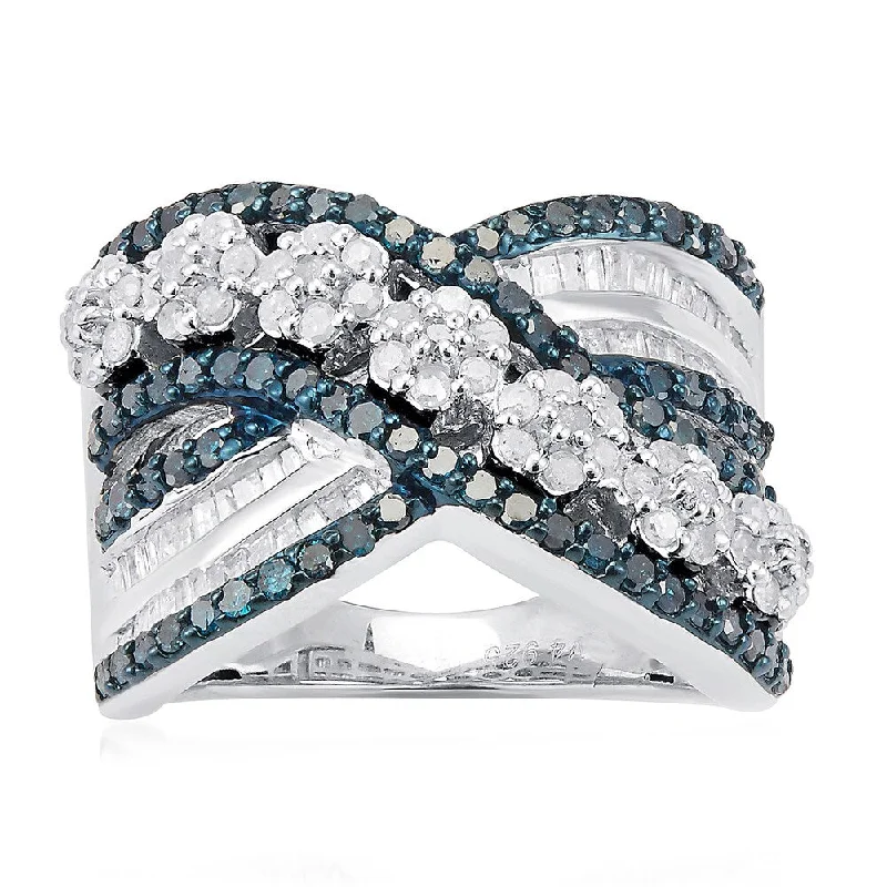 personalized wedding rings -Sterling Silver 1 1/2ct TDW Blue and White Diamond Multi Row Ring