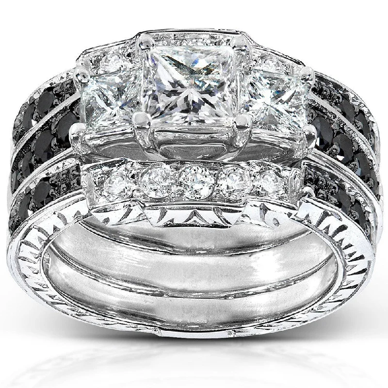 fashion rings for women -Annello by Kobelli 14k White Gold 1 7/8ct TDW Black and White Diamond 3-piece Bridal Rings Set