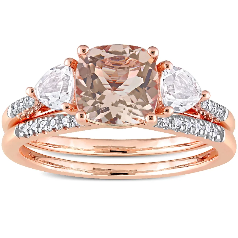 vintage solitaire rings -Miadora 10k Rose Gold Morganite White Topaz & 1/10ct TDW Diamond 3-Stone Bridal Ring Set