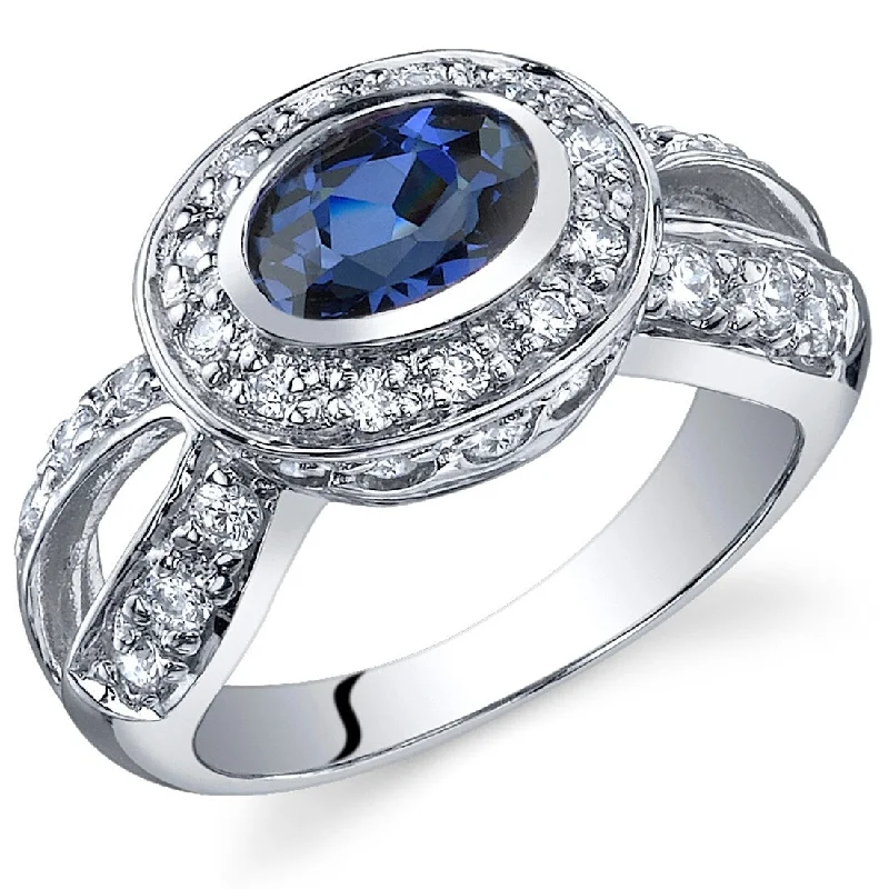 wedding rings with gemstones -Sterling Silver 1 ct Created Sapphire Halo Ring