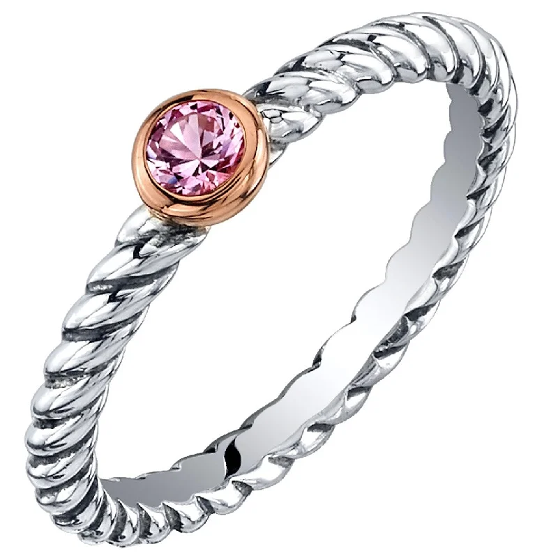 anniversary rings with diamonds -Sterling Silver Created Pink Sapphire Cable Rope Stackable Ring