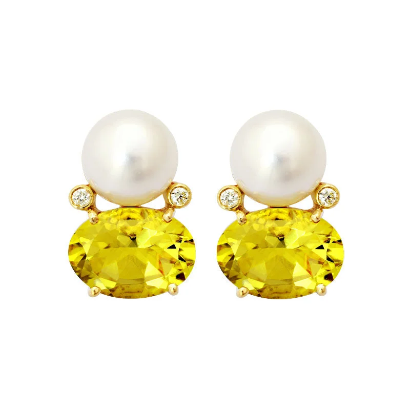 trendy earrings for women -Earrings-Lemon Quartz, South Sea Pearl and Diamond