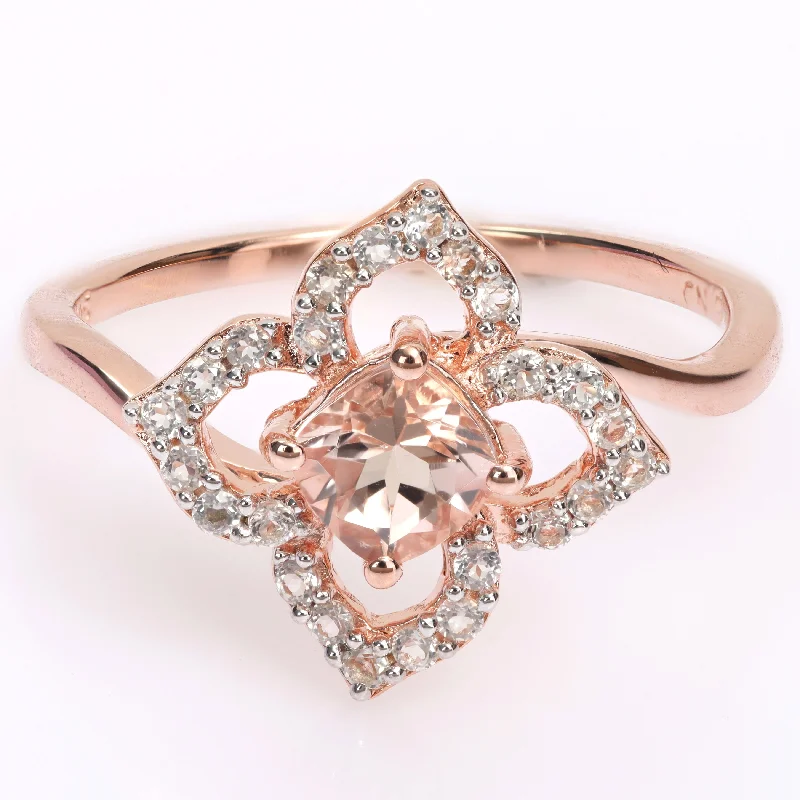 wedding rings with sapphires -Miadora Cushion-cut Morganite and White Topaz Quatrefoil Floral Ring in Rose Plated Sterling Silver