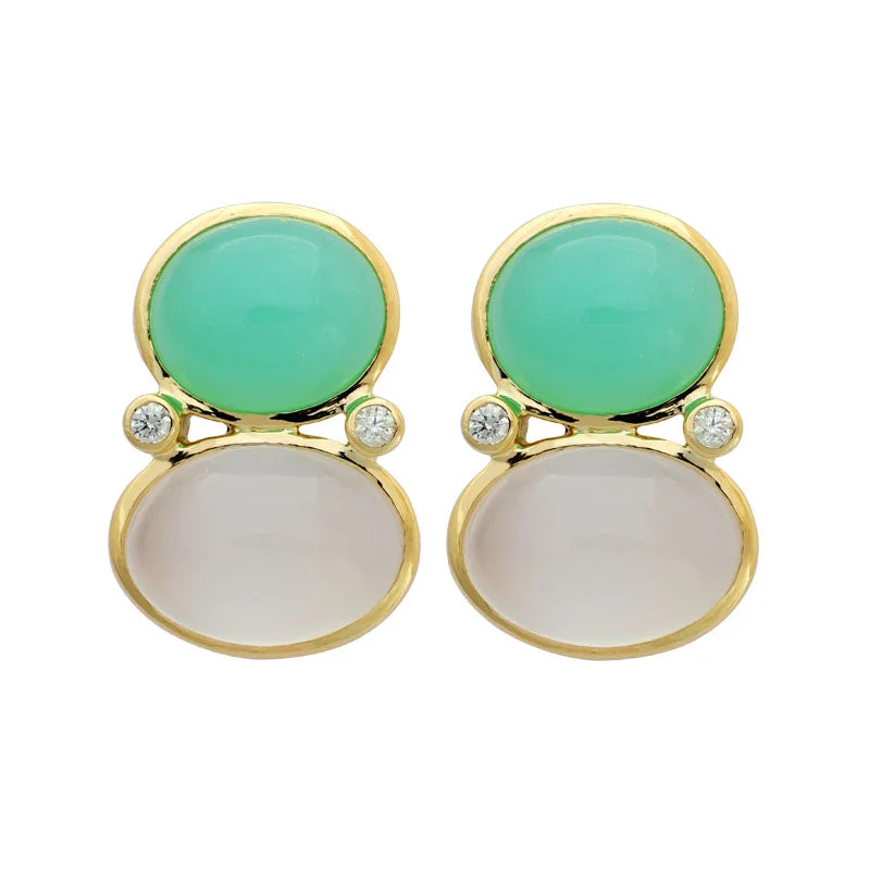 colored gemstone earrings for women -Earrings-Moonstone, Chrysoprase and Diamond