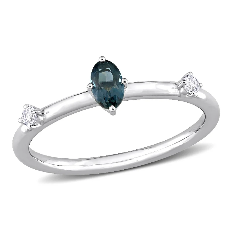 engagement rings for brides -Miadora 10k White Gold London Blue Topaz and White Topaz 3-Stone Stackable Oval Ring