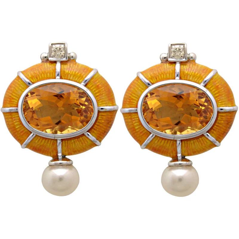 fancy earrings for women -Earrings-Citrine, Fresh Water Pearl and Diamond (Enamel)