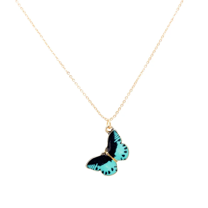 anniversary gift necklaces for women -Blue Butterfly Enamel Charm Necklace