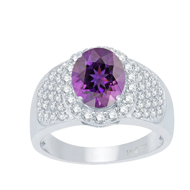 wedding bands for women -Sterling Silver with Natural Amethyst and White Topaz Halo Ring