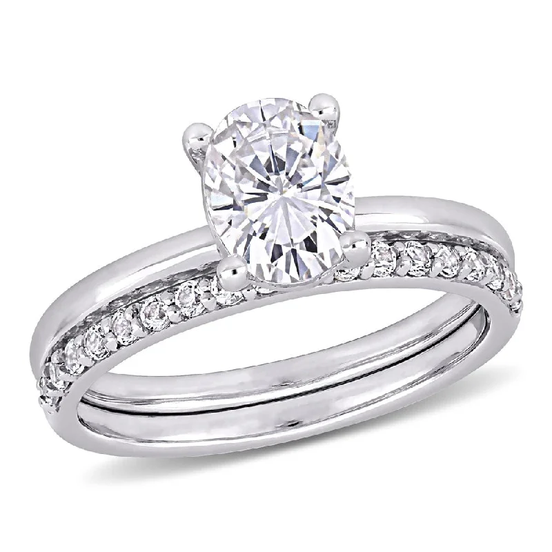 engagement rings with diamonds -Miadora 10k White Gold Created White Sapphire Solitaire Wedding Ring Set