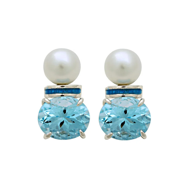 gemstone stud earrings -Earrings-South Sea Pearl and Blue Topaz (Enamel)