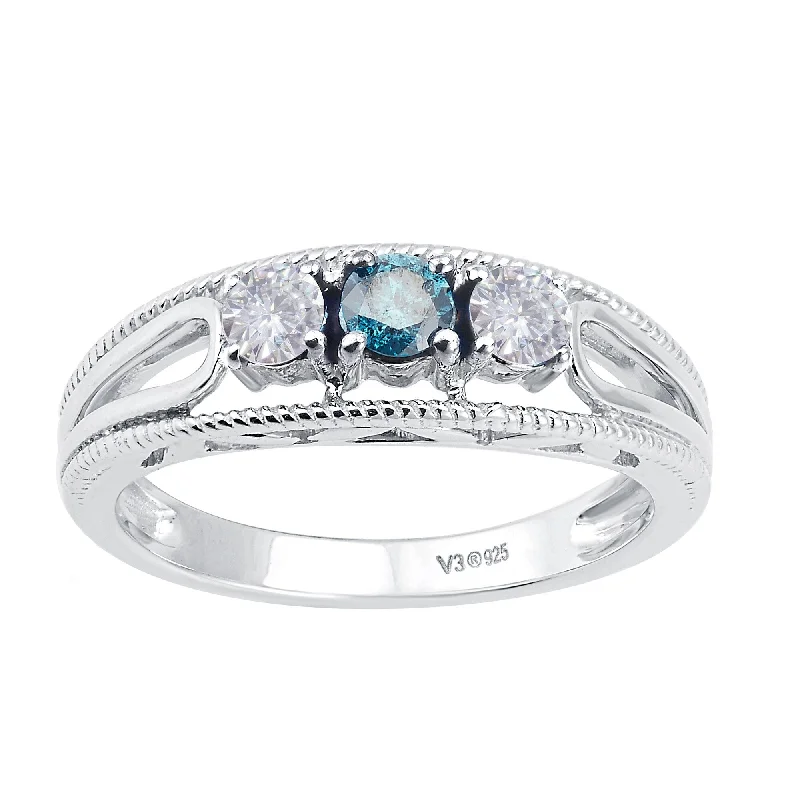 colored gemstone engagement rings -Sterling Silver with Genuine Blue Diamond and Moissanite Ring