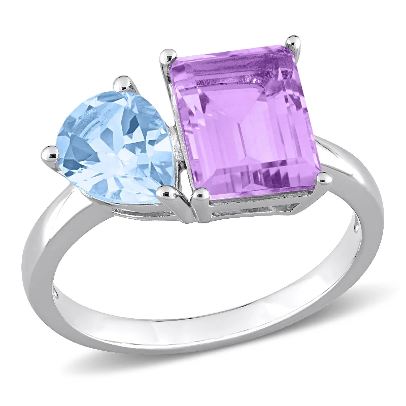 unique engagement rings for women -Miadora 3 5/8ct TGW Sky Blue Topaz and Pink Amethyst 2-Stone Toi et Moi Ring in Sterling Silver