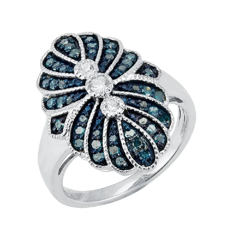 statement rings for women -Sterling Silver with 0.50 CTTW Genuine Blue and White Diamond Cluster Ring