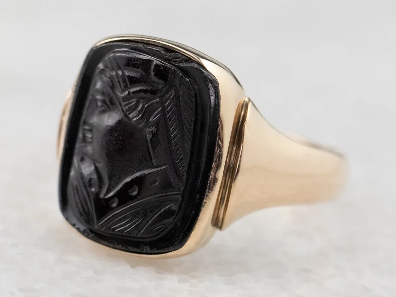 wedding rings for women -Vintage Black Onyx Cameo Gold Ring