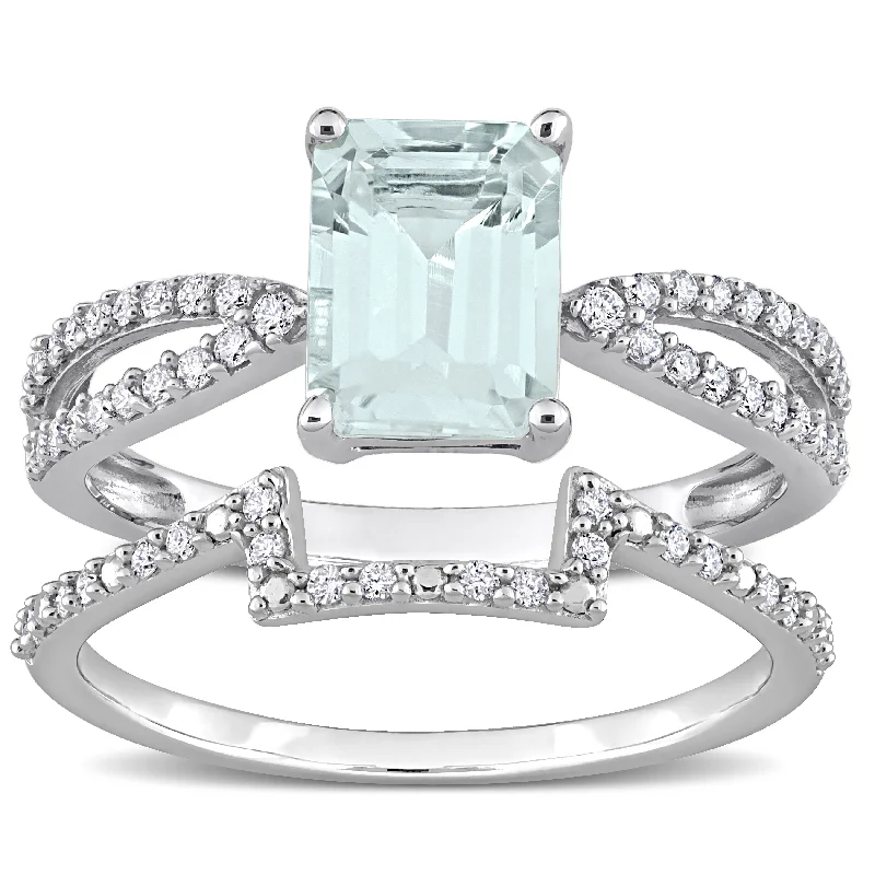 classic rings for women -Miadora Octagon-cut Aquamarine and 1/3ct TDW Diamond Split Shank Bridal Ring Set in 14k White Gold