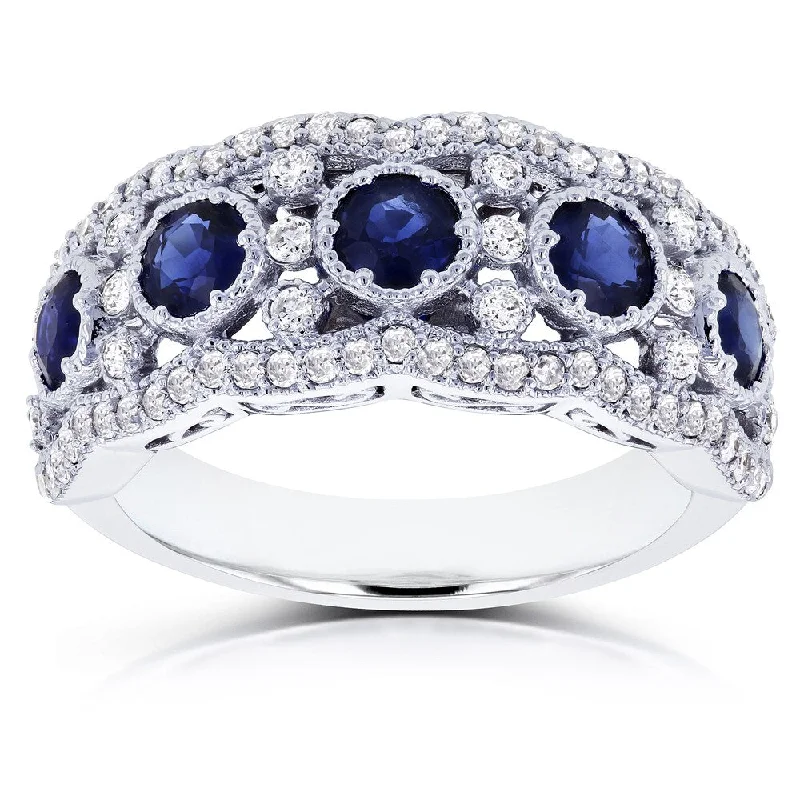 large statement rings for women -Annello by Kobelli 10k White Gold 1 1/2ct TGW Blue Sapphire and Diamond Anniversary Ring