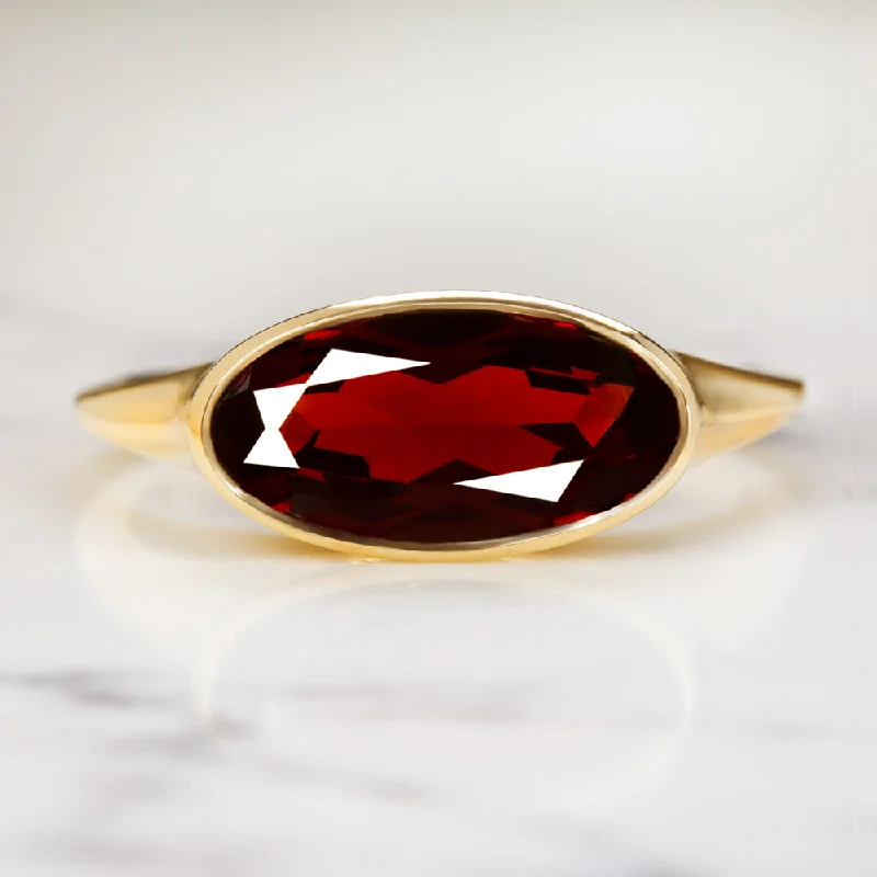 double band rings for women -MOVAL RED GARNET 14K YELLOW GOLD RING EAST WEST BEZEL OVAL MARQUISE SOLITAIRE