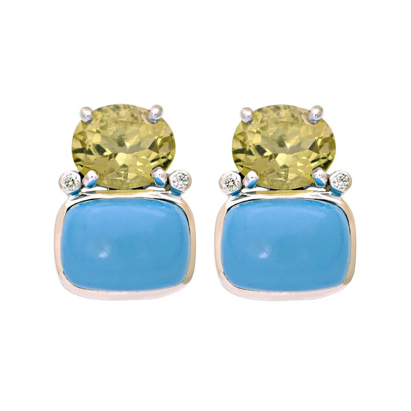 simple diamond earrings -Earrings-Lemon Quartz, Turquoise and Diamond