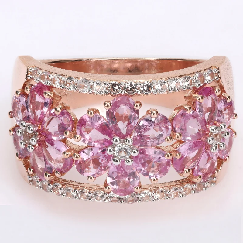 infinity rings for women -Miadora Pear-Cut Pink and White Sapphire Triple Floral Cocktail Ring in 14k Rose Gold