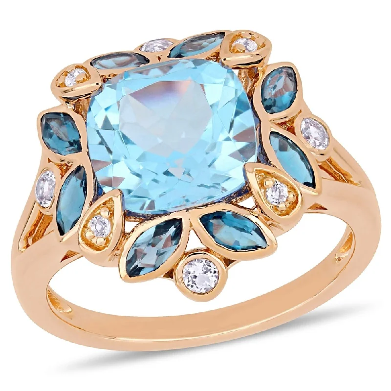 vintage diamond rings -Miadora Rose Plated Sterling Silver Sky & London Blue Topaz with White Topaz Floral Halo Ring