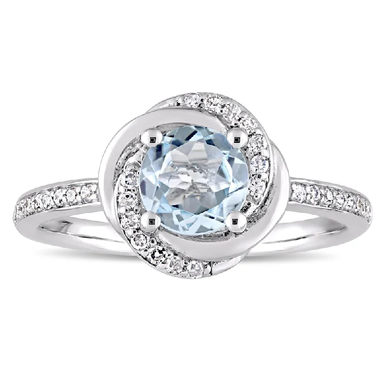 solitaire rings for women -Miadora 10k White Gold Sky-Blue Topaz and 1/6ct TDW Diamond Swirl Halo Ring