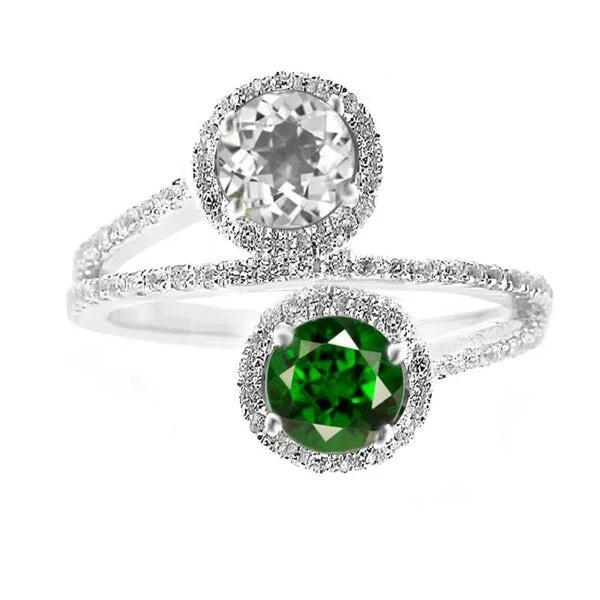 heart-shaped rings for women -Sterling Sliver Round Green Emerald and White Topaz Bypass Ring