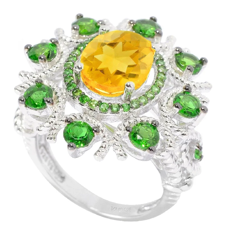 fashion promise rings -Sterling Silver with Natural Citrine and Chrome Diopside Flower Ring - Yellow