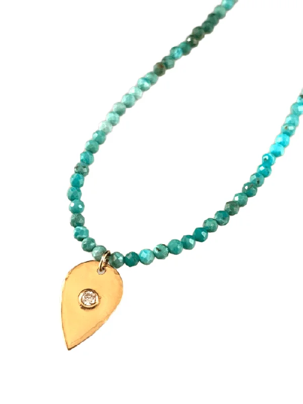 luxury gold necklaces for women -18” Faceted Turquoise Beads with 14k Gold Diamond Tear Drop Charm Necklace