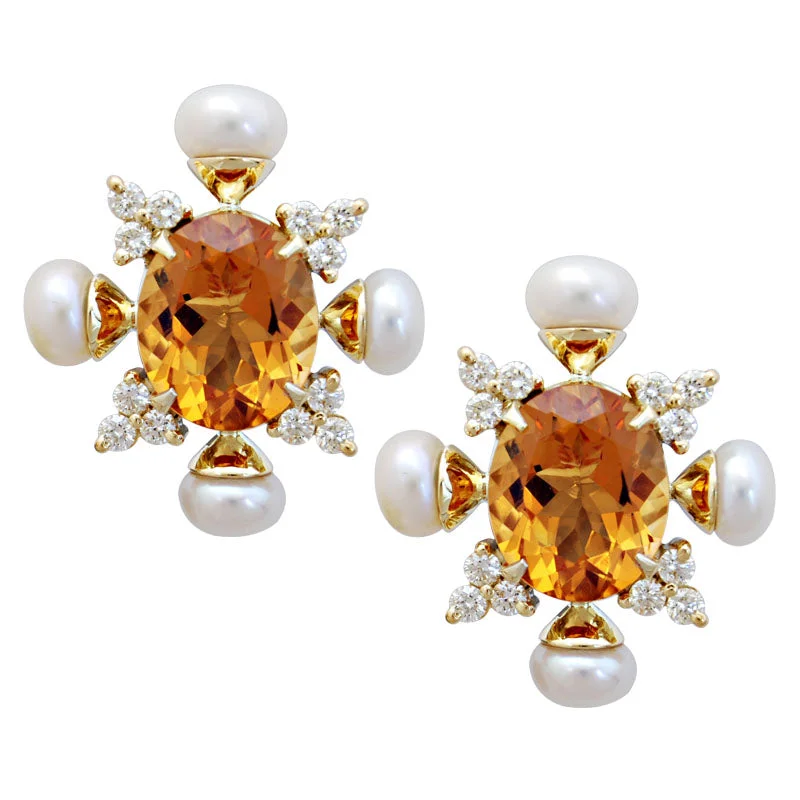 custom earrings for women -Earrings-Citrine, Pearl and Diamond