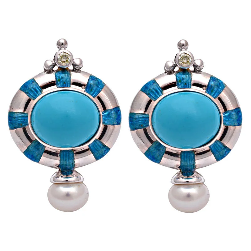 wedding earrings for women -Earrings-Turquoise, Fresh Water Pearl and Diamond (Enamel)