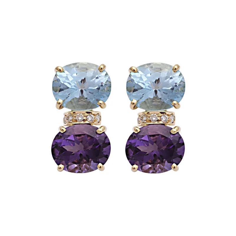 women's gold earrings -Earrings-Blue Topaz, Amethyst and Diamond