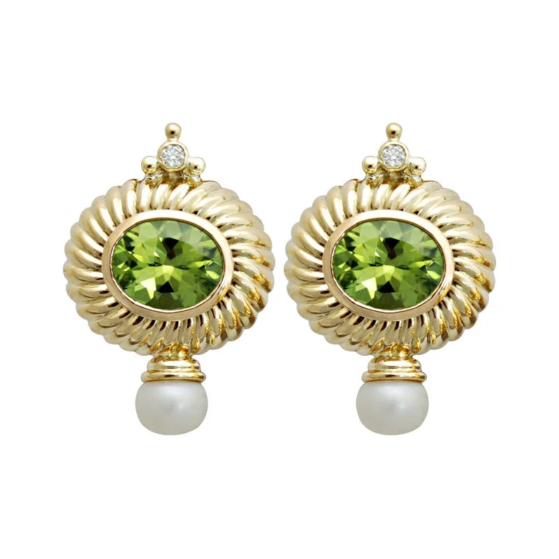 pearl earrings for women -Earrings-Peridot, Pearl and Diamond