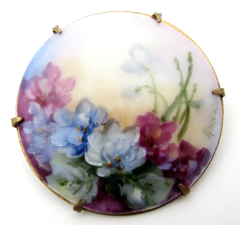 Hand Painted Porcelain Flower Brooch Vintage