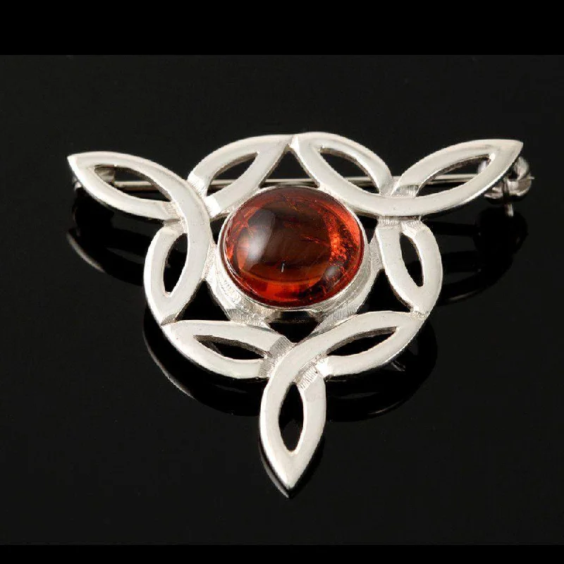 Silver or Gold Celtic Amber Flower Brooch - AB185-s