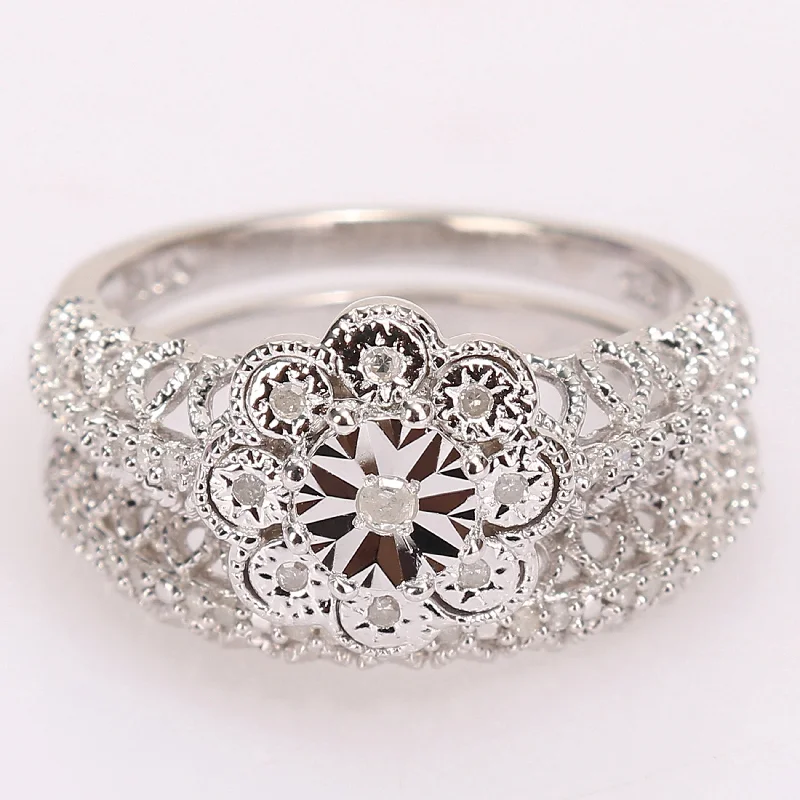 engagement rings for brides -Miadora Sterling Silver 1/6ct TDW Diamond Floral Vintage Bridal Ring Set