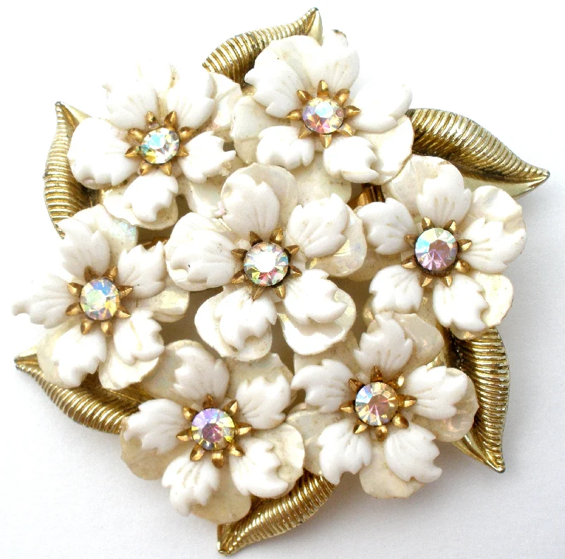 Coro White Flower Rhinestone Brooch Pin Vintage