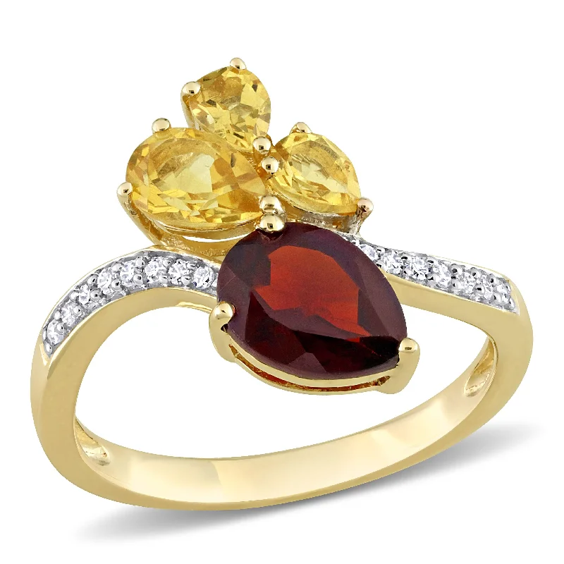 vintage diamond rings -Miadora 2ct TGW Pear-Shape Garnet and Citrine and 1/10ct TDW Diamond Toi et Moi Ring in 14k Yellow Gold