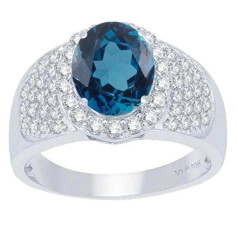 luxury rings for women -Sterling Silver with Natural London Blue Topaz and White Topaz Halo Ring