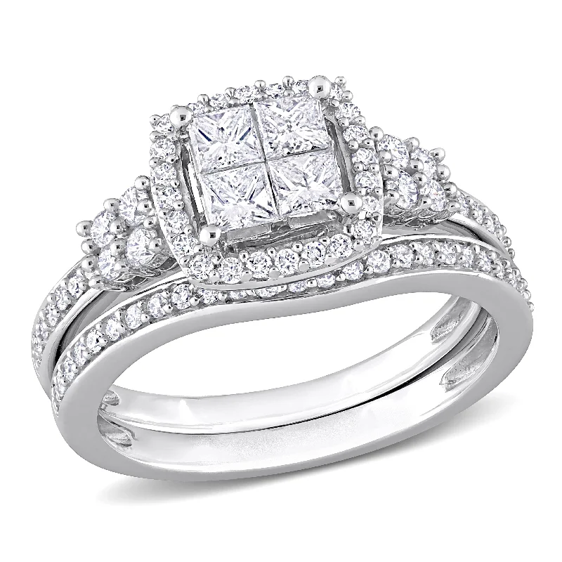 chunky rings for women -Miadora 7/8ct TDW Princess-Cut Diamond Halo 2-Piece Bridal Ring Set 10k White Gold