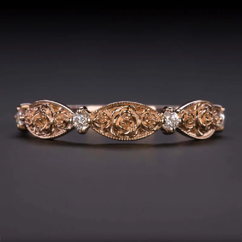 eternity diamond wedding rings -DIAMOND 14 ROSE GOLD FLOWER RING ETERNITY WEDDING BAND FLORAL BOTANICAL STACKING