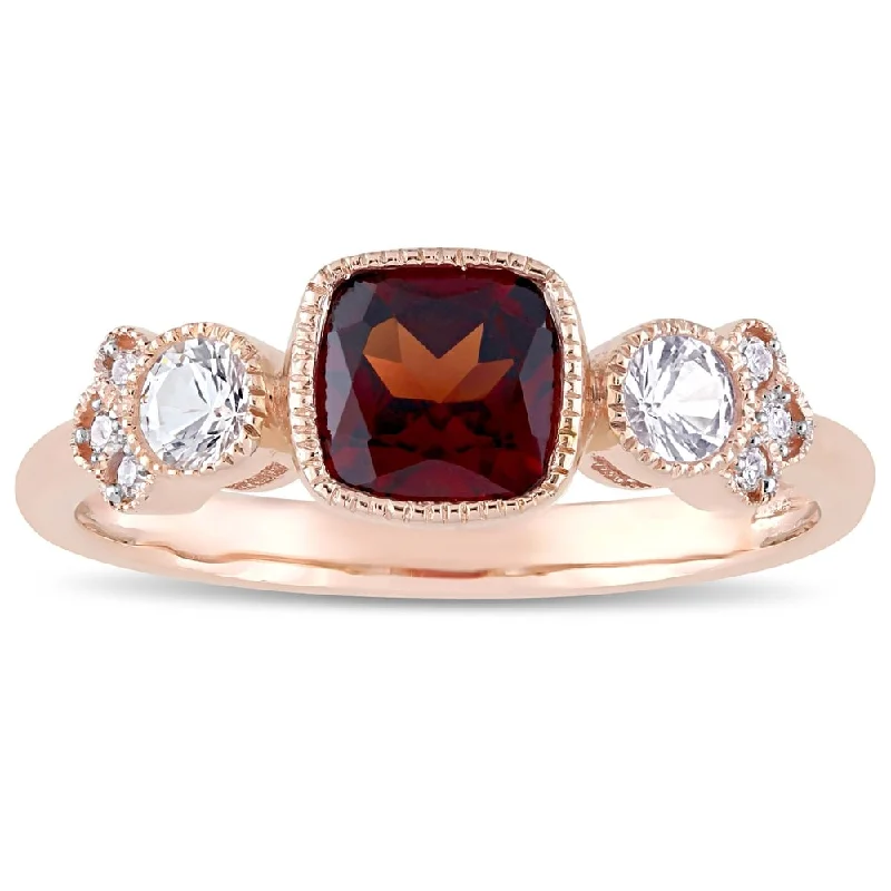 trendy rings for women -Miadora 10k Rose Gold Garnet White Sapphire and Diamond 3-Stone Ring