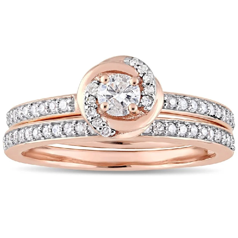 custom wedding rings -Miadora 10k Rose Gold 1/2ct TDW Diamond Swirl Halo Bridal Ring Set