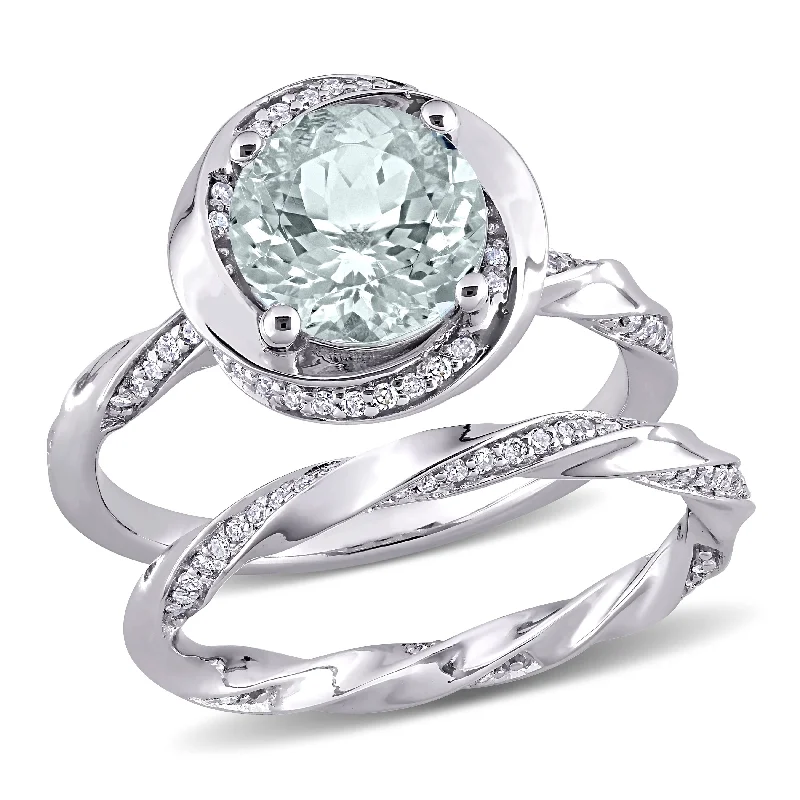 thin engagement rings -Miadora 10k White Gold Aquamarine and 2/5ct TDW Diamond Halo Swirl Bridal Ring Set